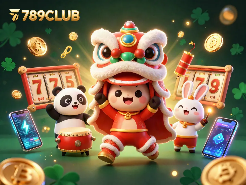 Join the excitement at 789CLUB with a vibrant 3D depiction of lucky gaming scenes, slot reels, and festive characters.