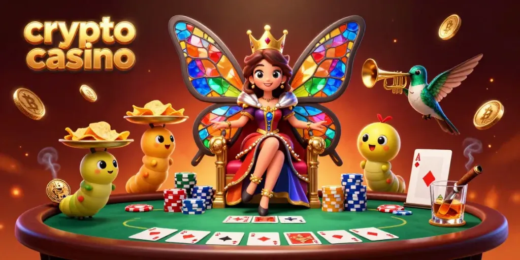 Experience the excitement of a crypto casino with vibrant characters and engaging poker elements.