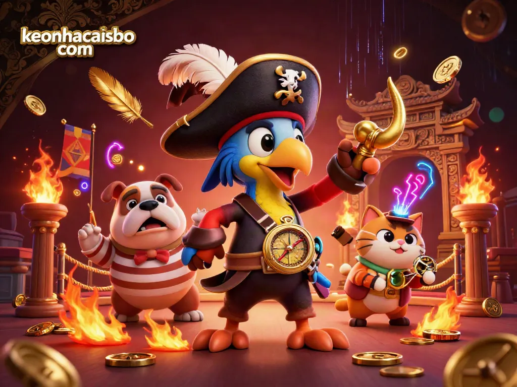 A vibrant 3D casino scene with a pirate captain, bulldog, and cat showcasing keonhacaisbo com efforts in thrilling gameplay.