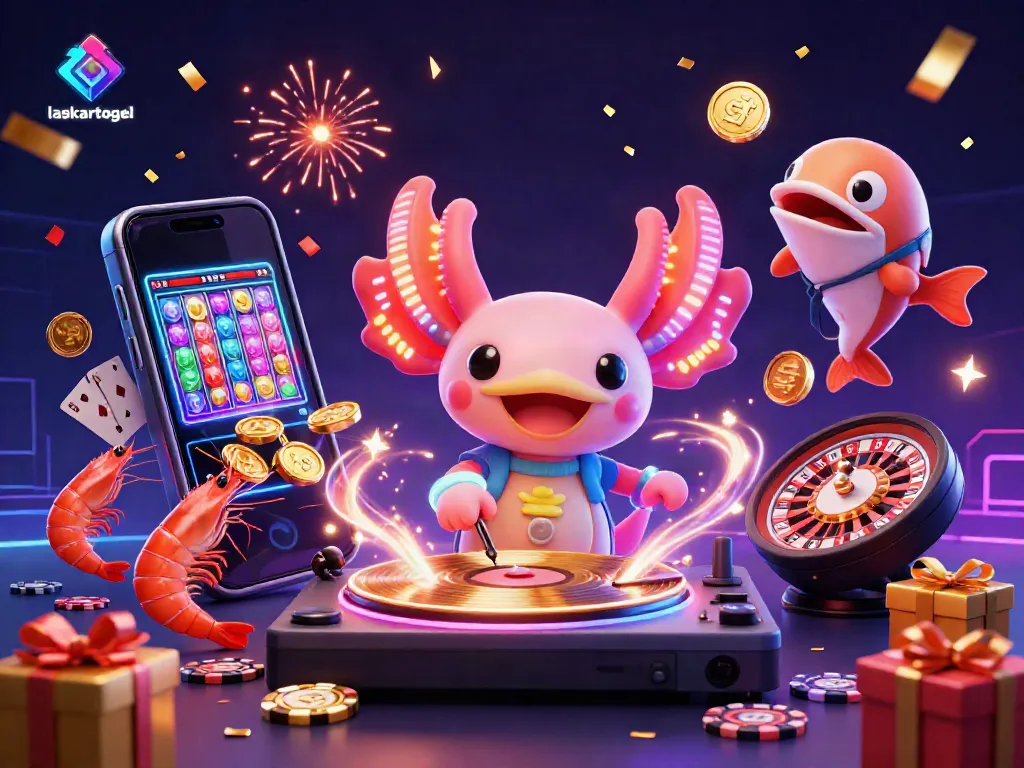 Join the vibrant world of laskartogel with a neon axolotl DJ and lively casino characters.