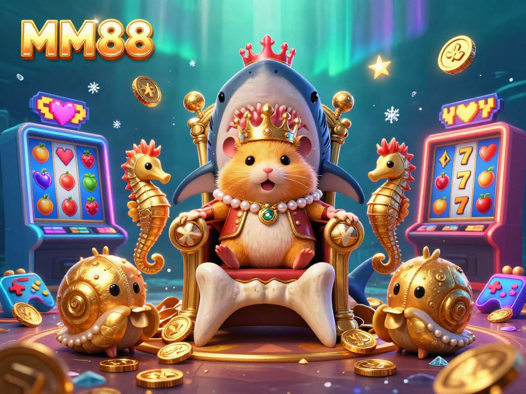 Experience MM88 with a golden hamster king in a vibrant casino scene filled with sparkling slots and treasures.
