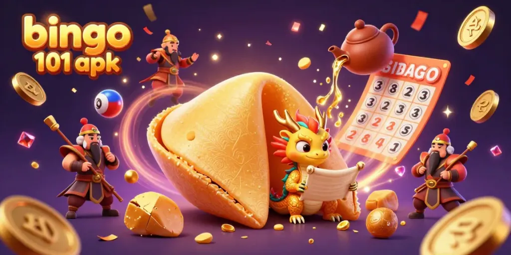 Experience bingo 101 apk with vibrant bingo elements, fortune cookie, and rewards in a dynamic scene.