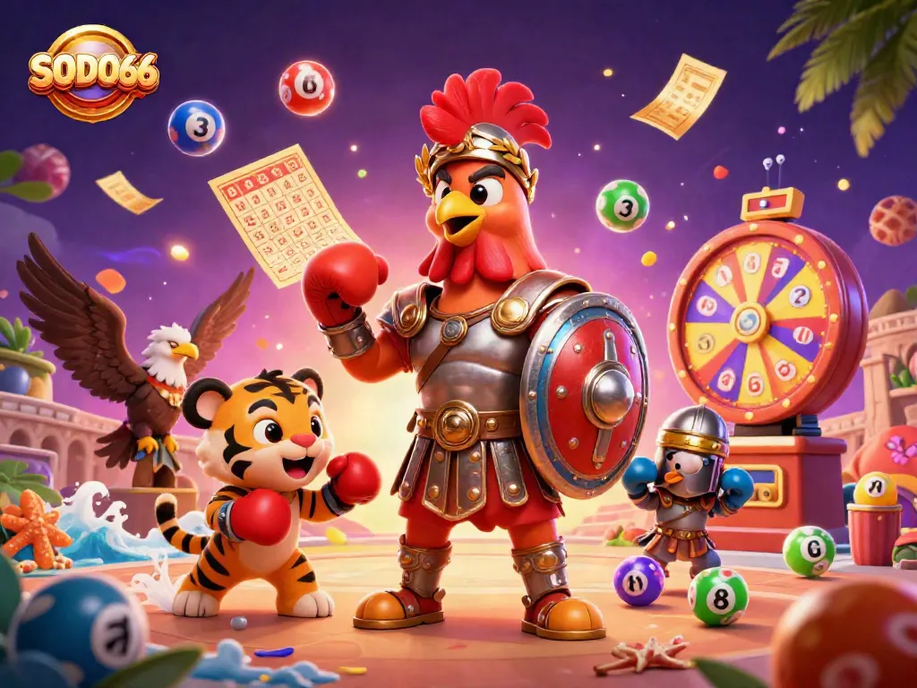 SODO66 illuminates a vibrant online casino scene with a gladiator rooster, a tiger cub, and dynamic gaming elements.