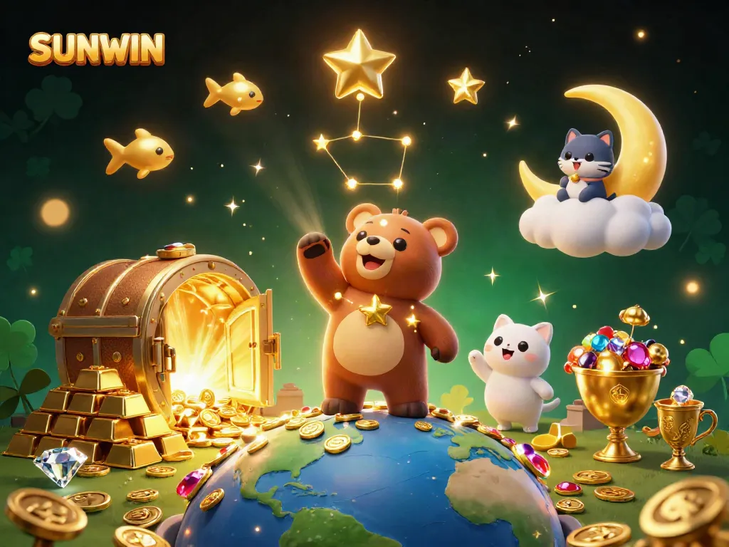 SUNWIN card game action scene with magical characters and sparkling treasures