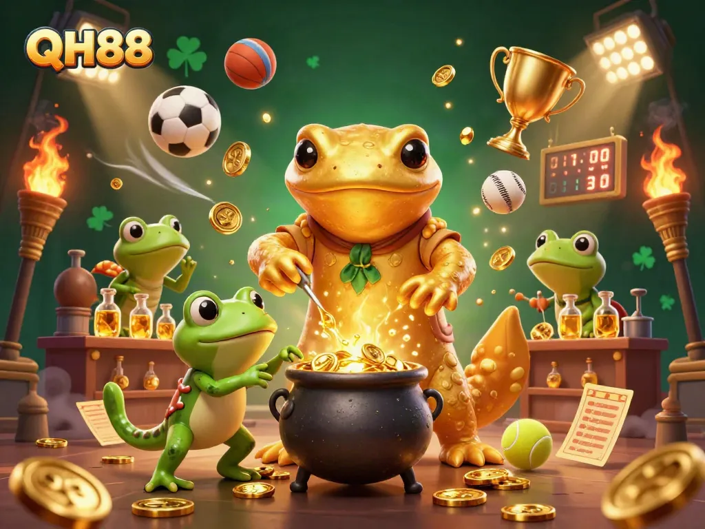 Bet on QH88 with a vibrant scene of a golden salamander alchemist and dynamic sports elements.