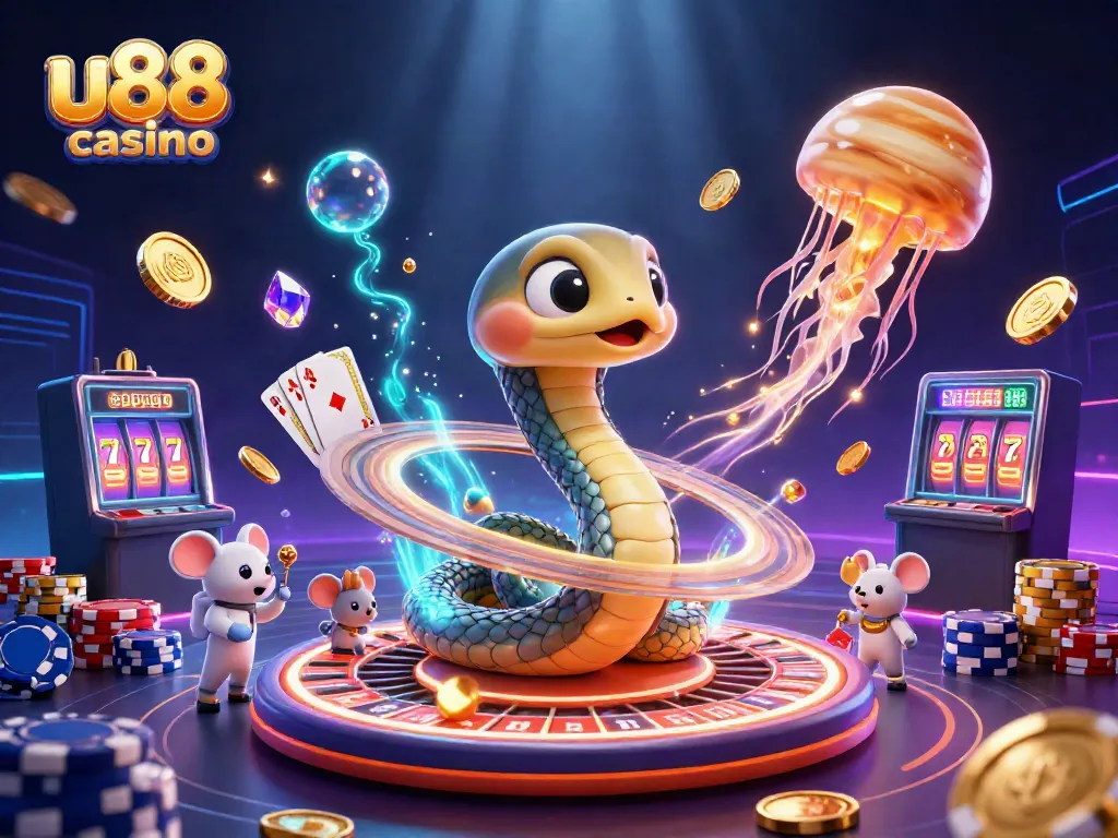 Engaging illustration of u88 casino featuring a Saturn ring snake roulette, astronaut mice betting, surrounded by gold coins and poker elements.