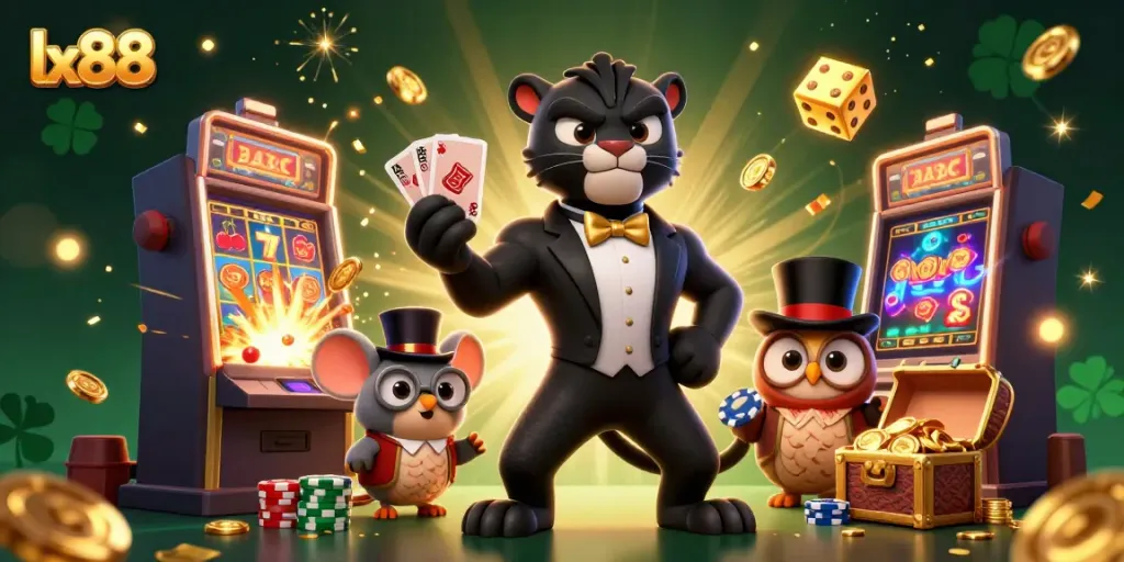 Enjoy the exciting world of lx88 with a stylish panther, owl, and lucky mouse celebrating big wins