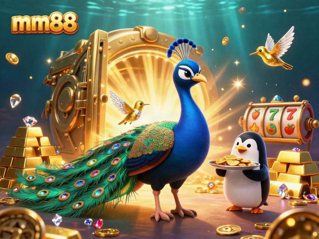 Engage with mm88's vibrant world of slots, featuring a peacock and a penguin amidst dynamic gold elements.
