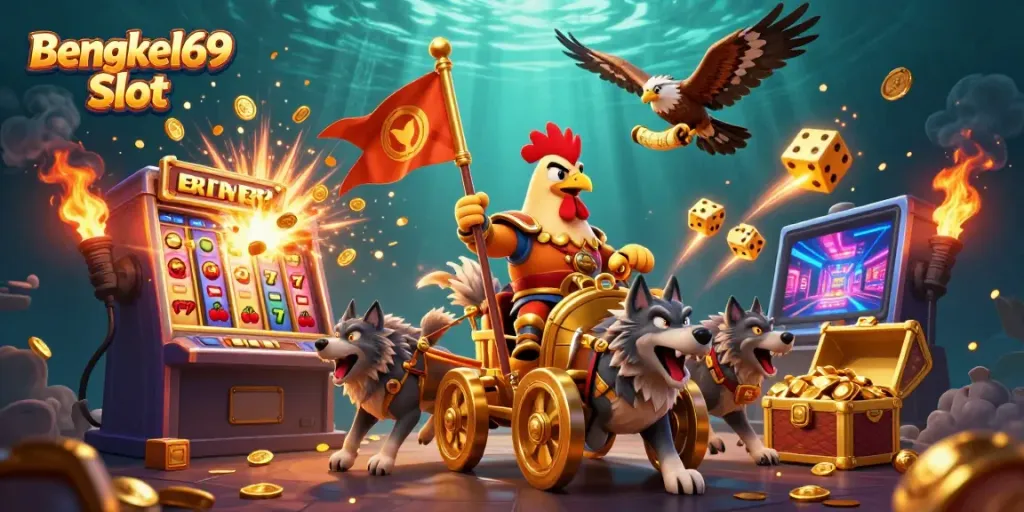 Exciting scene of Bengkel69 Slot featuring a cartoon rooster warlord with golden slot machine and colorful game elements.