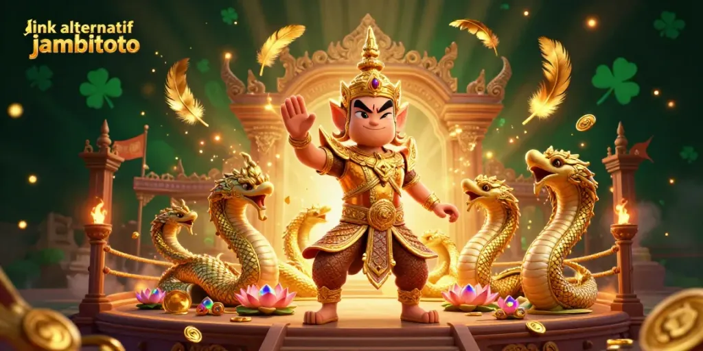 Engage with the dynamic illustration of link alternatif jambitoto showcasing a Thai guardian and Naga companions amidst a rich casino environment.