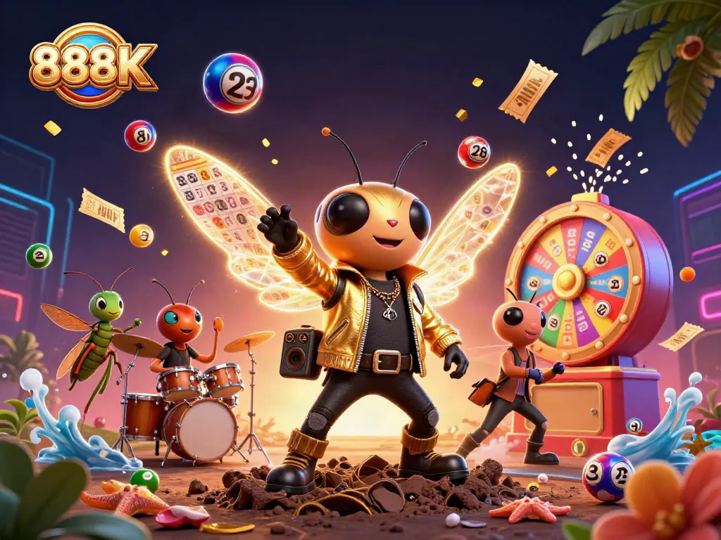 Experience 888K's vibrant gaming scene with a rock star cicada and dynamic lottery elements.