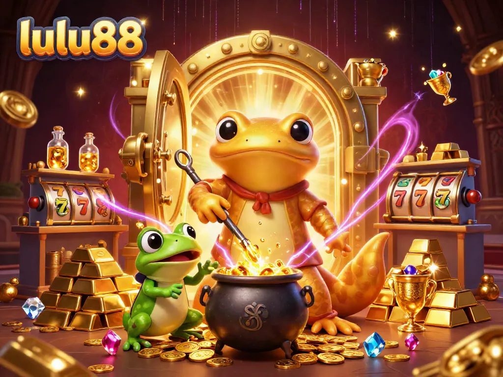 Win big at lulu88 with a vibrant scene of a golden salamander alchemist amidst treasures and games.