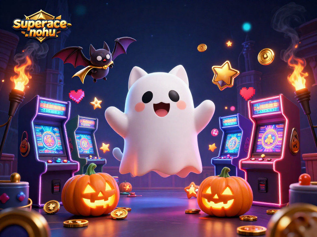 Experience thrilling gameplay with superace-nohu, featuring a ghost cat and casino elements in a dynamic illustration.