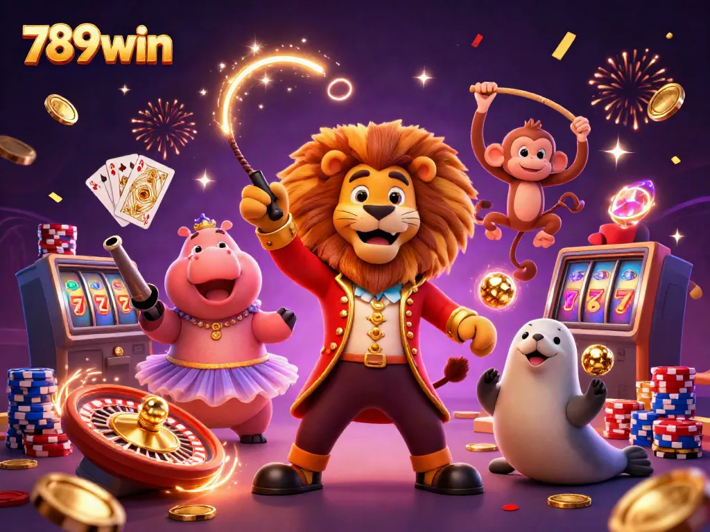 A vibrant scene of 789win's playful circus characters engaging in thrilling casino action.