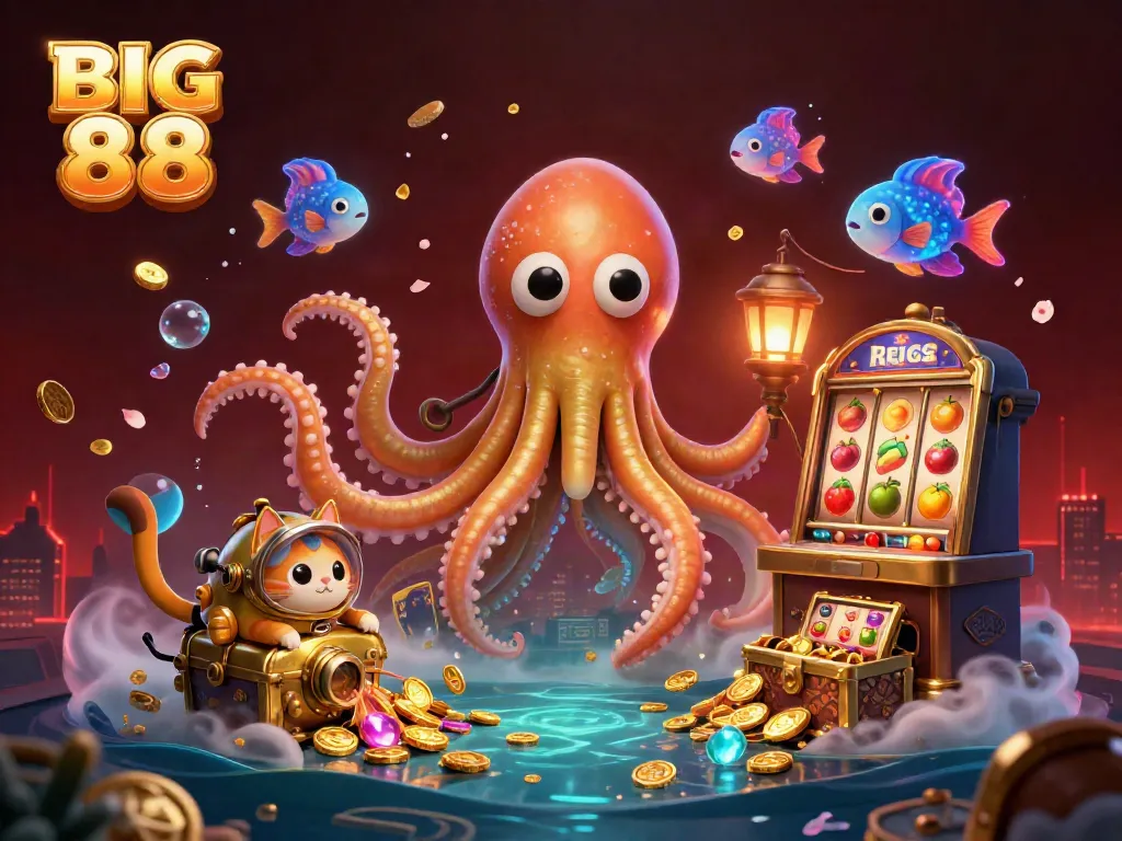 Experience the vibrant world of BIG 88 with a colossal kraken, diving cat, and diverse casino elements.