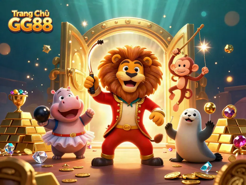 Experience the excitement of Trang Chủ GG88 with vibrant characters and dazzling treasures in a lively casino scene.