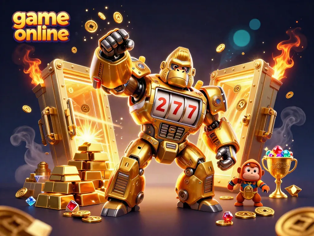 Experience game online excitement with a dynamic 3D scene featuring a golden gorilla mech, coins, and treasures.