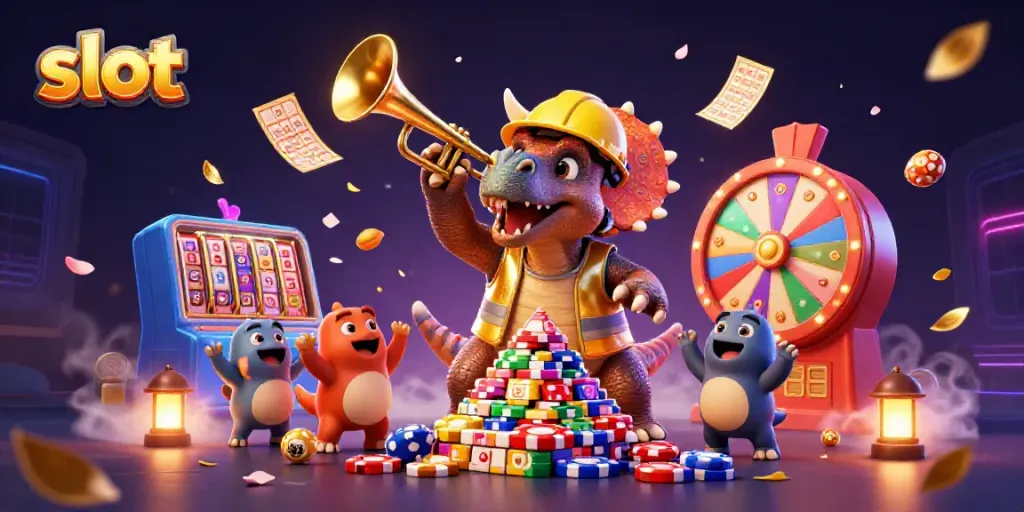 Permainan slot yang meriah dengan triceratops membangun tumpukan chip poker di kasino.