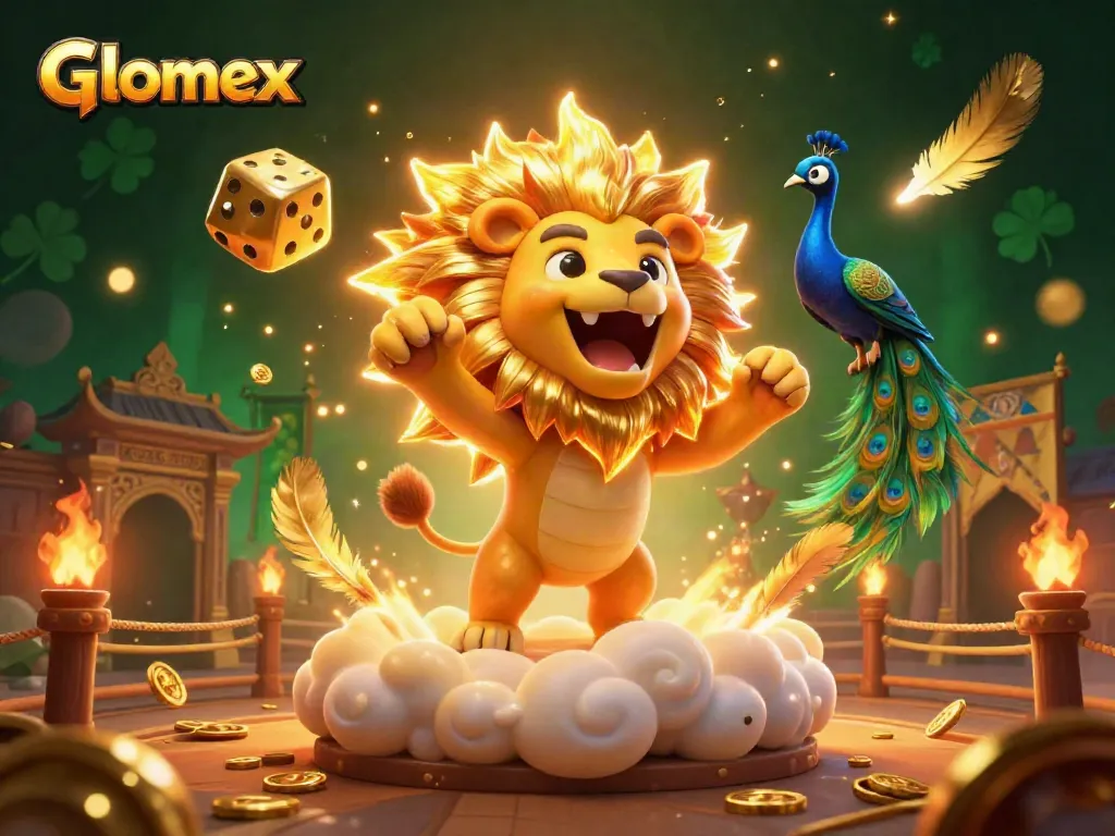 Engage with Glomex's thrilling casino experience featuring golden lion and dynamic gambling elements.