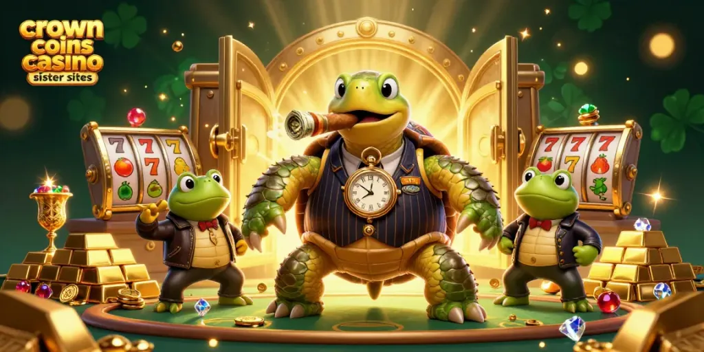 Engage with fun at crown coins casino sister sites, featuring a turtle in mobster attire amid vibrant casino themes.