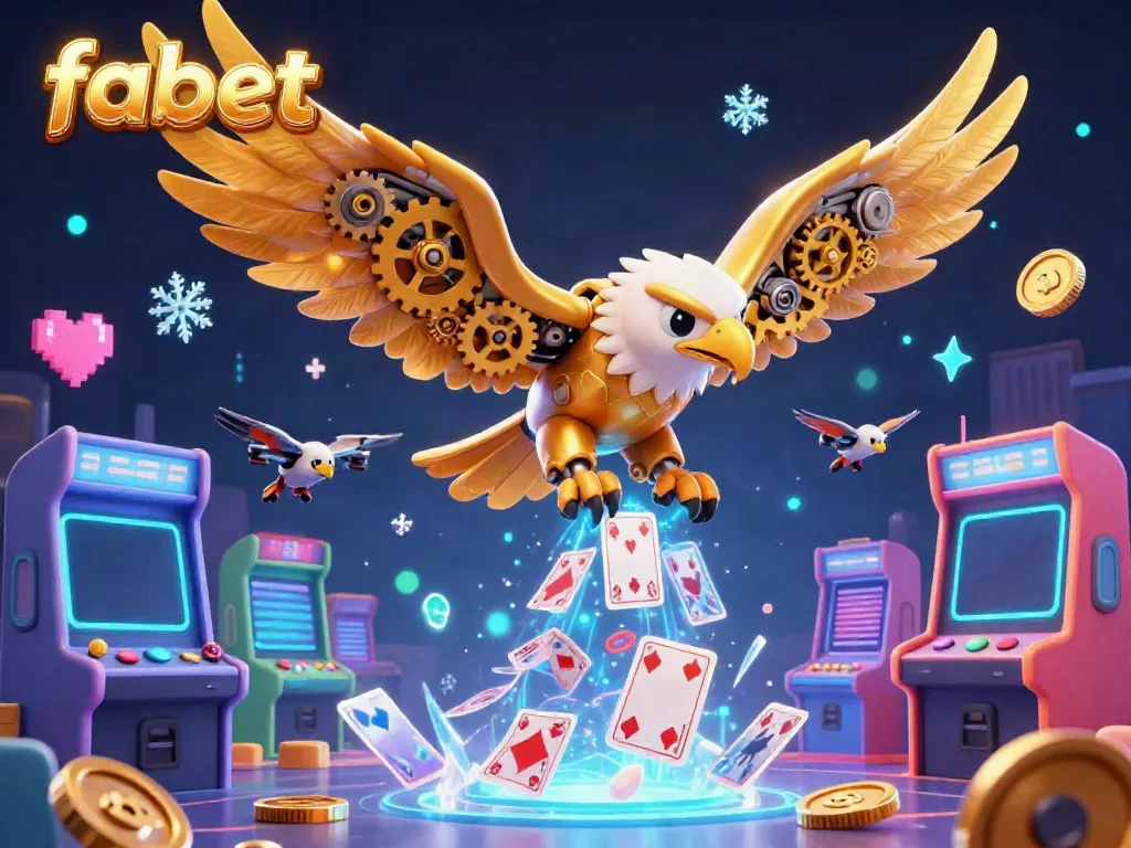 Experience the vibrant casino action with fabet as a golden eagle dives through holographic cards.