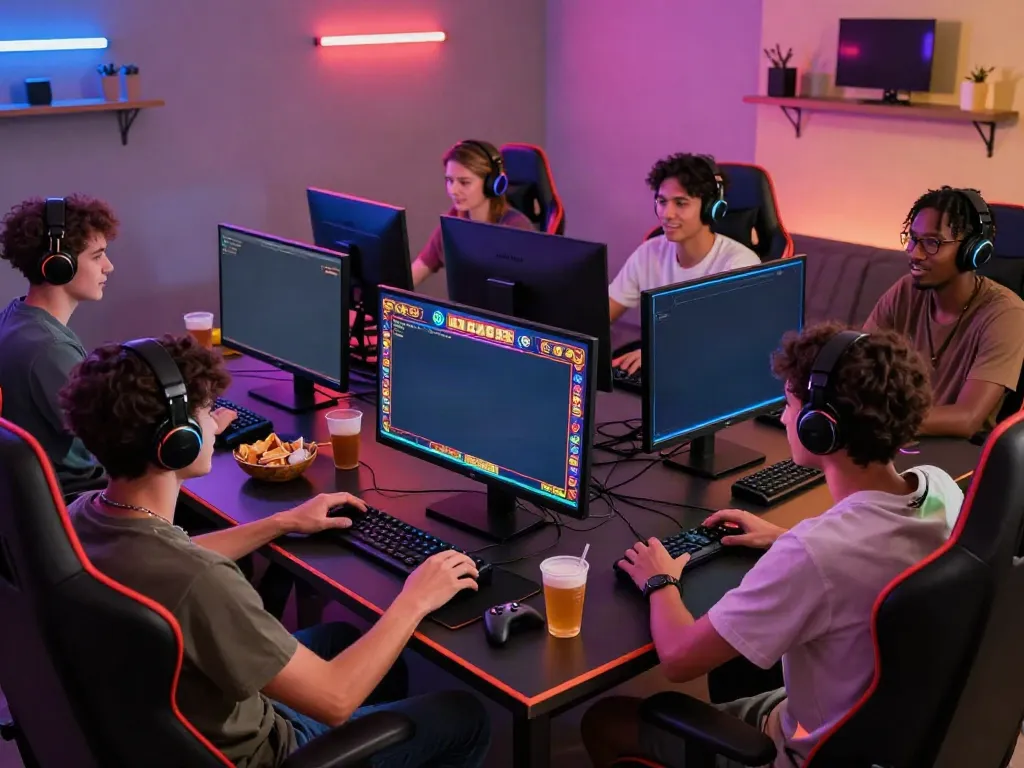 Friends enjoying akunjp online gaming in a tech-savvy room