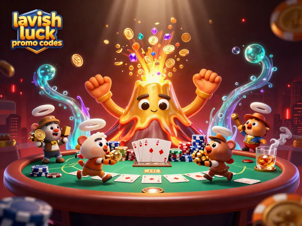 Experience Lavish Luck promo codes as a golden volcano erupts coins and treasures in a vibrant casino scene.