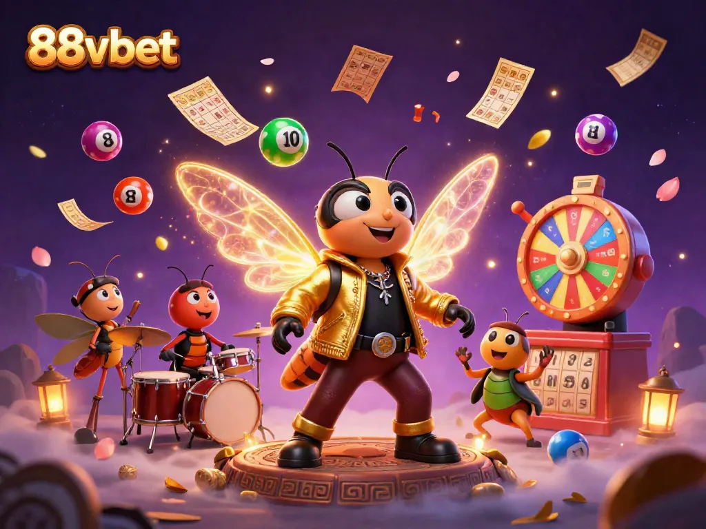 Experience thrilling games with 88vbet, featuring vibrant lottery balls and a dynamic rock star scene.