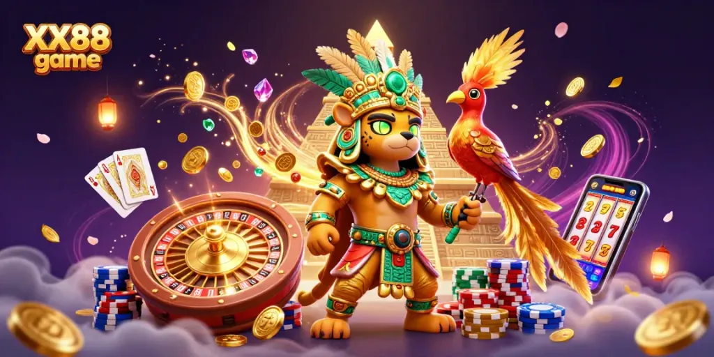 This vibrant scene showcases the engaging XX88 game experience with 3D characters and casino elements.