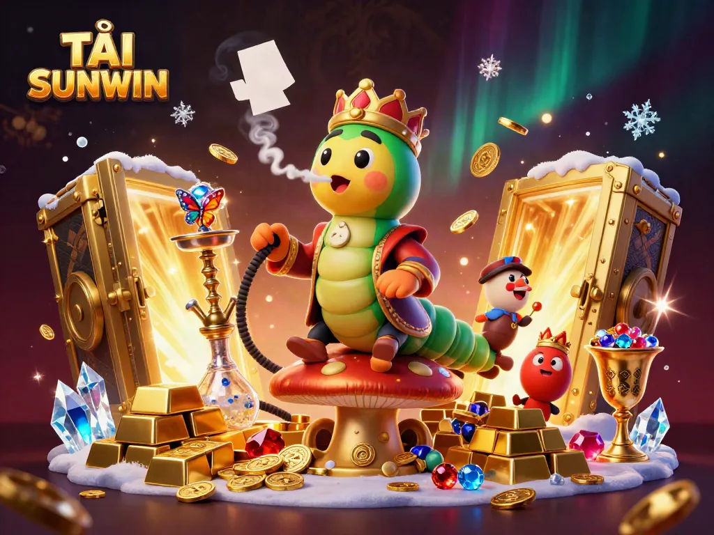 TẢI SUNWIN with a caterpillar hookah-master surrounded by sparkling jewels and golden treasures in a vibrant casino scene.