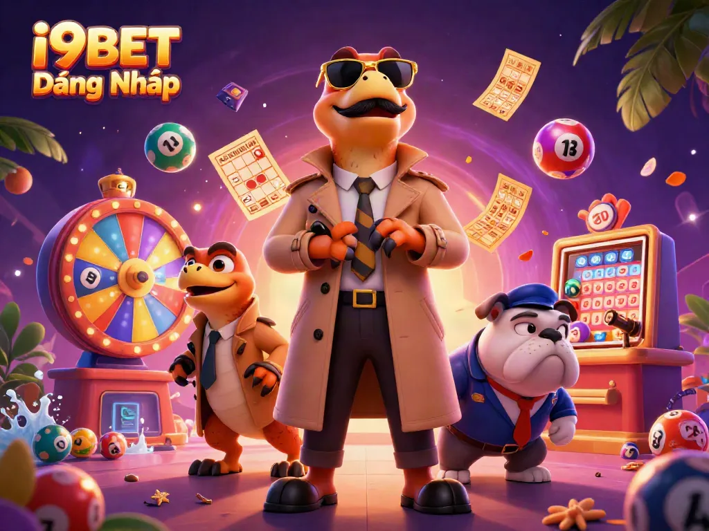 Experience thrilling gaming action at i9BET Đăng Nhập with vibrant casino elements surrounding 3D cartoon raptors.
