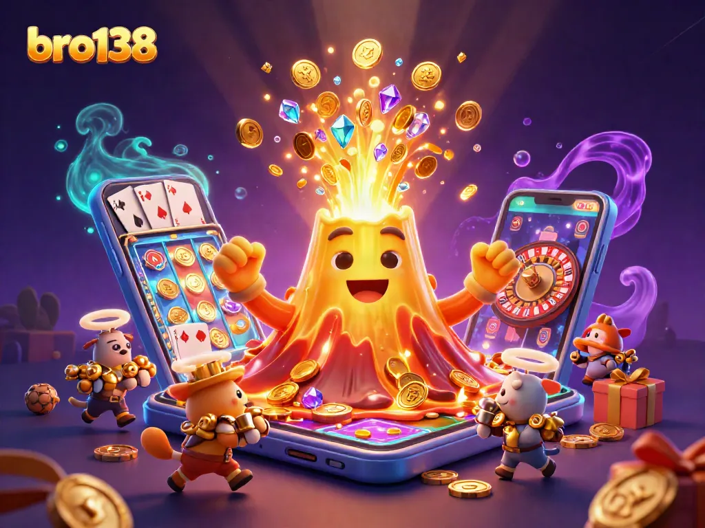 Experience thrilling wins at bro138 with a golden volcano erupting coins and treasure in a vibrant casino scene.