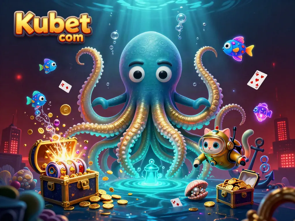 Kubet com brings exciting casino action to life with a kraken and diving cat in a treasure-filled ocean.