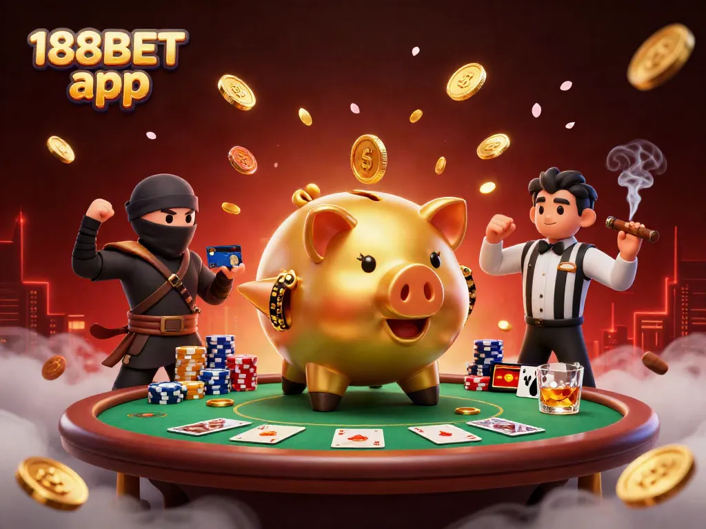 Engage with the exciting 188BET app featuring a golden piggy bank sumo wrestler and dynamic casino elements.