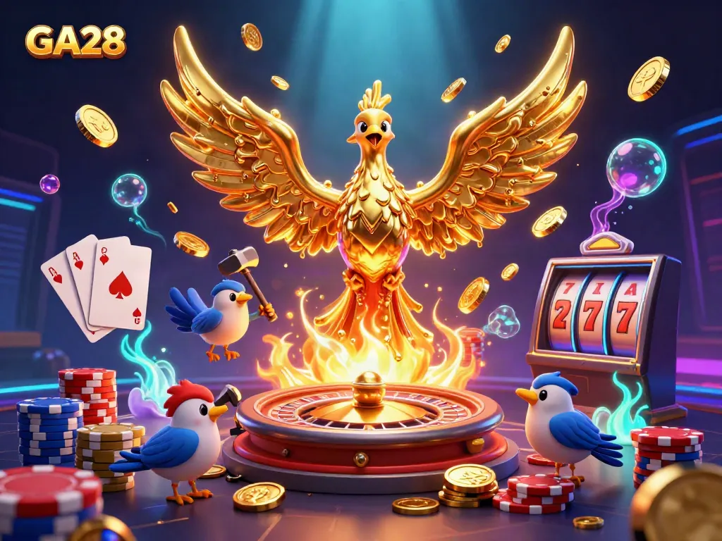 Experience the thrill of winning with GA28 in a vibrant casino scene filled with golden coins and dazzling games.