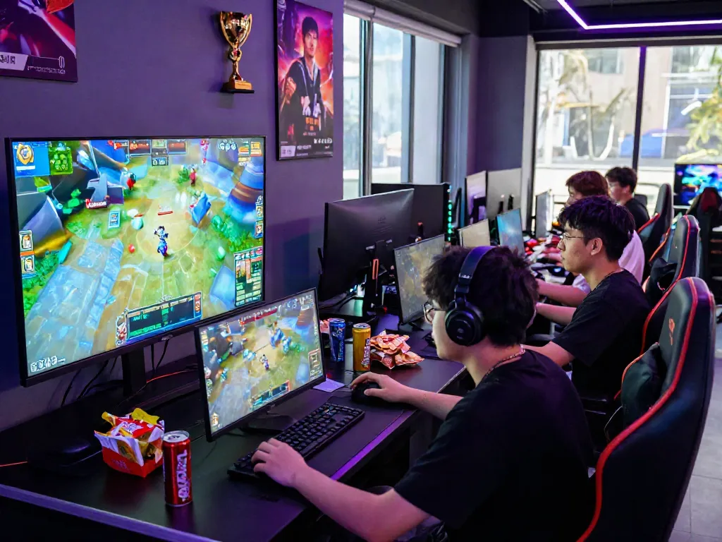 Friends enjoying QQMacan games in a vibrant gaming lounge.