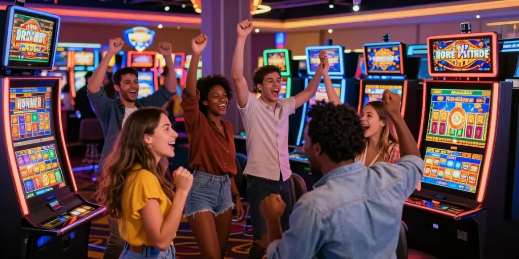Friends celebrating a สล็อต win at a vibrant casino.