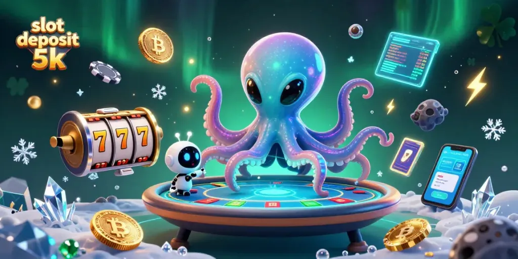 Engage with the vibrant scene of a slot deposit 5k game featuring a space-themed octopus and poker elements.
