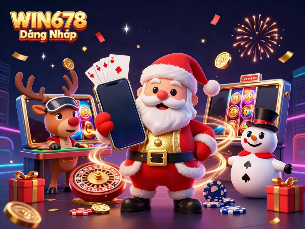 Win678 Đăng Nhập showcases a festive casino scene with engaging characters and jackpot elements.
