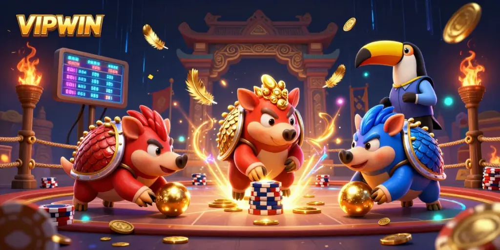VIPWIN pangolins bowling through poker chips in a lively casino scene.