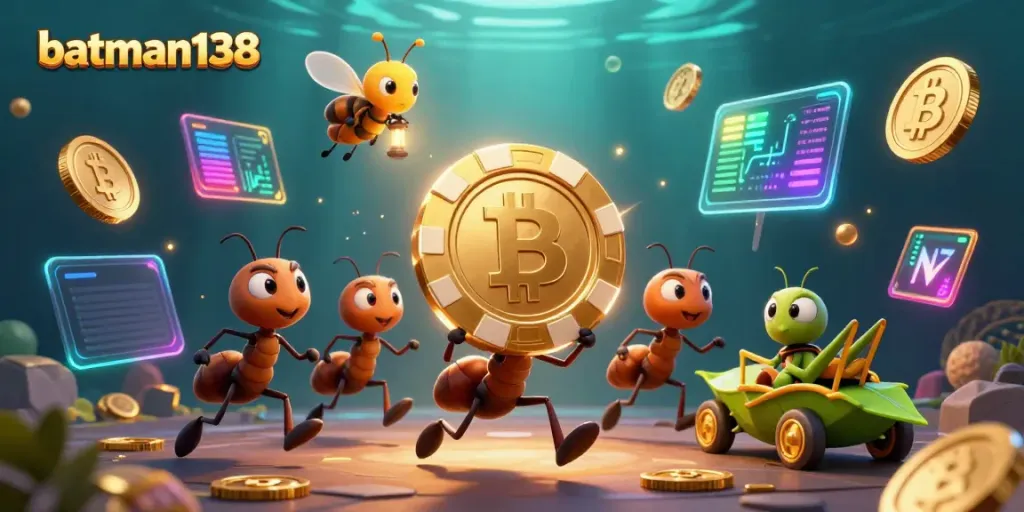 Experience the excitement of batman138 with playful ants heisting a golden poker chip in a vibrant casino scene