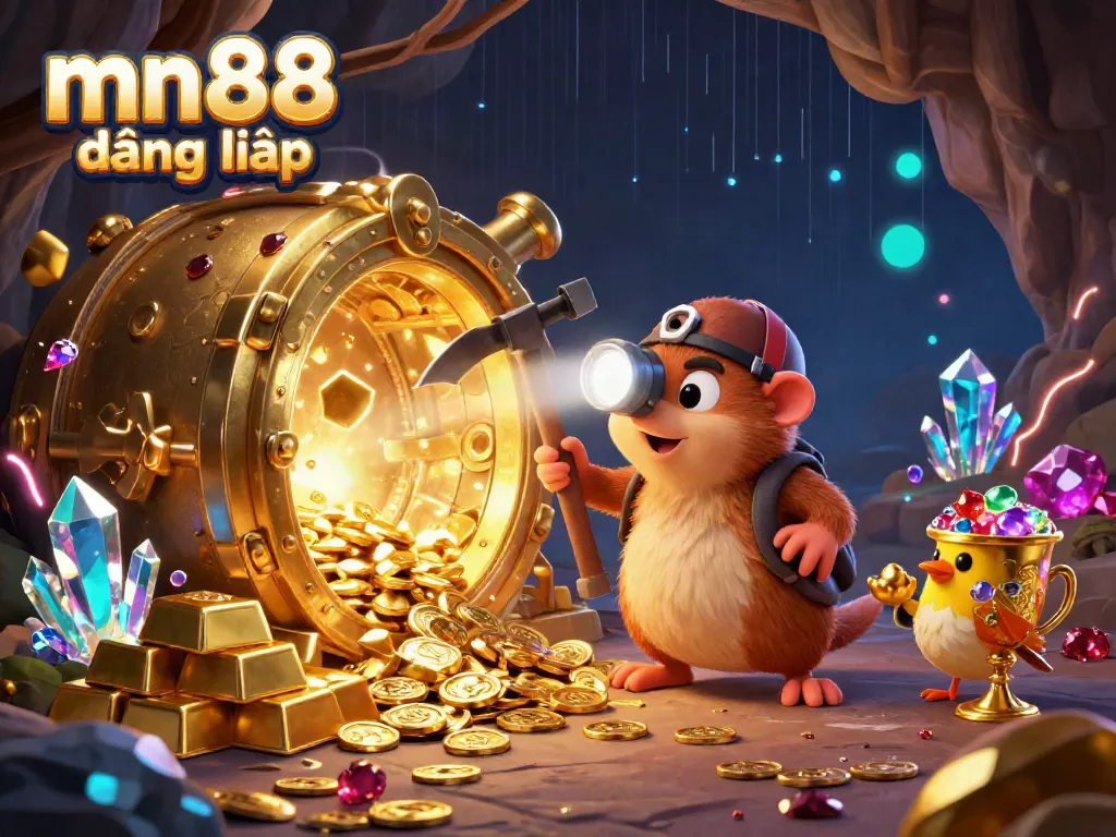 Engage in mn88 đăng nhập with a vibrant cartoon scene featuring a treasure hunter mole amidst piles of gold and gems.