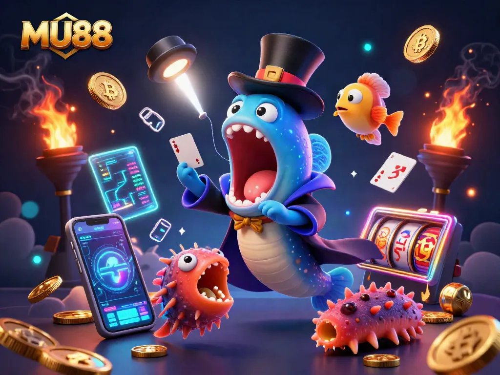 Experience MU88's thrilling magic with a bioluminescent eel performing card tricks amidst vibrant slot machines.