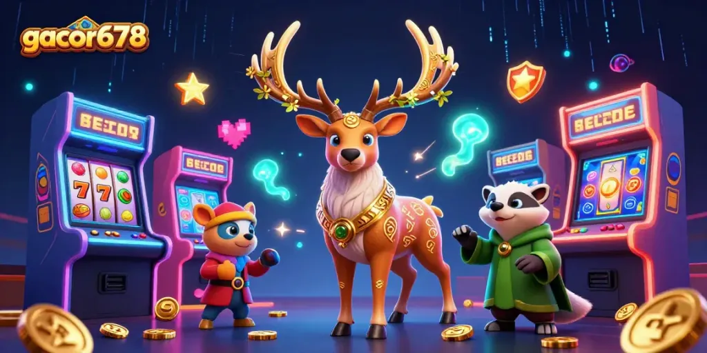 Spin to win with gacor678's thrilling slot games, highlighted by vibrant characters and dynamic elements.