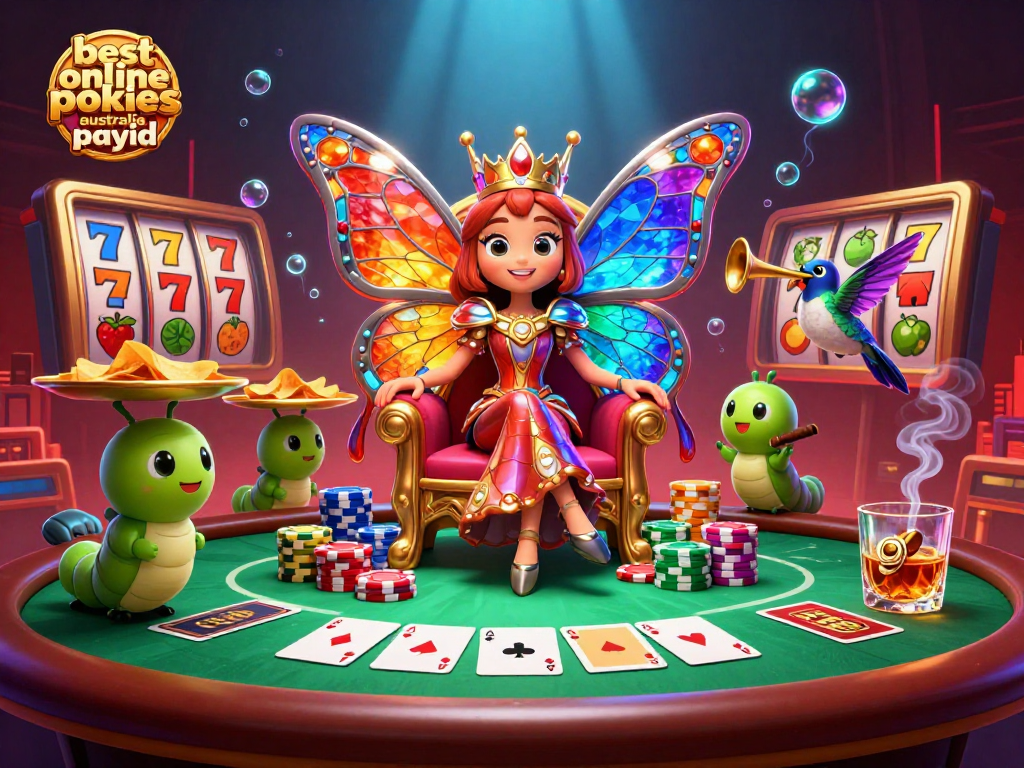 Experience the best online pokies Australia PayID with a vibrant scene featuring lively characters, dynamic gameplay elements, and casino excitement.