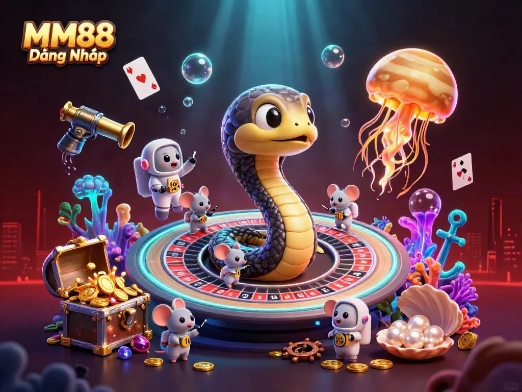 Experience MM88 Đăng Nhập with vibrant 3D casino-themed cosmic illustration of gambling characters.