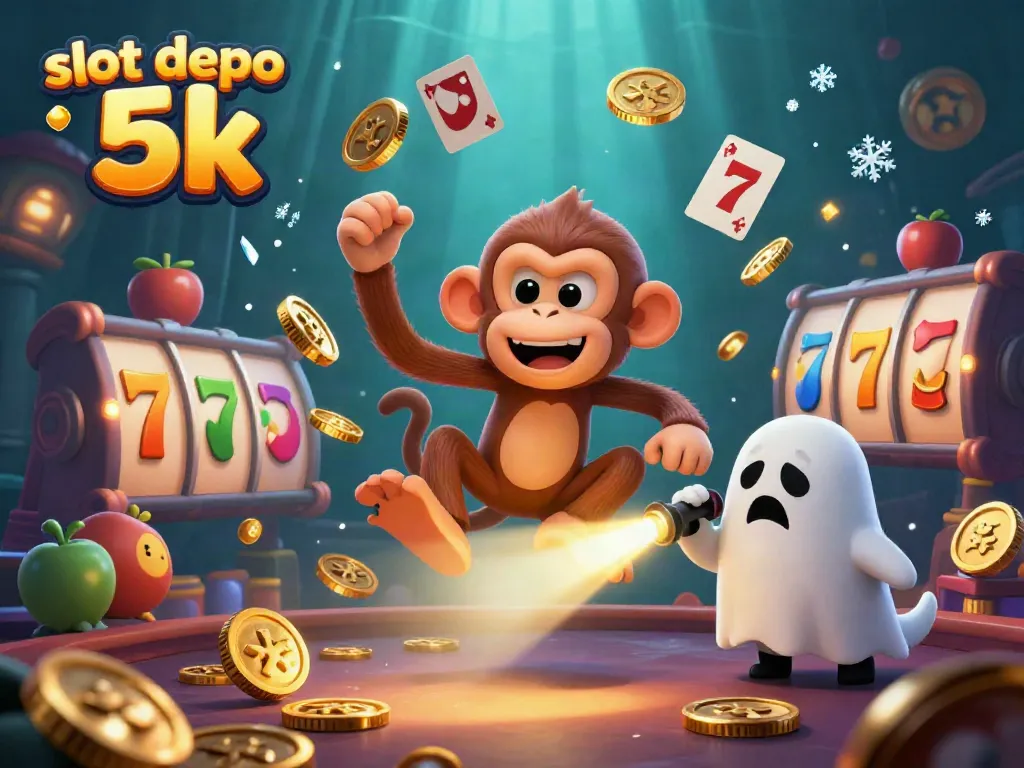 Experience adventure at slot depo 5k with a playful monkey juggling coins and a curious puppy in a haunted casino scene.