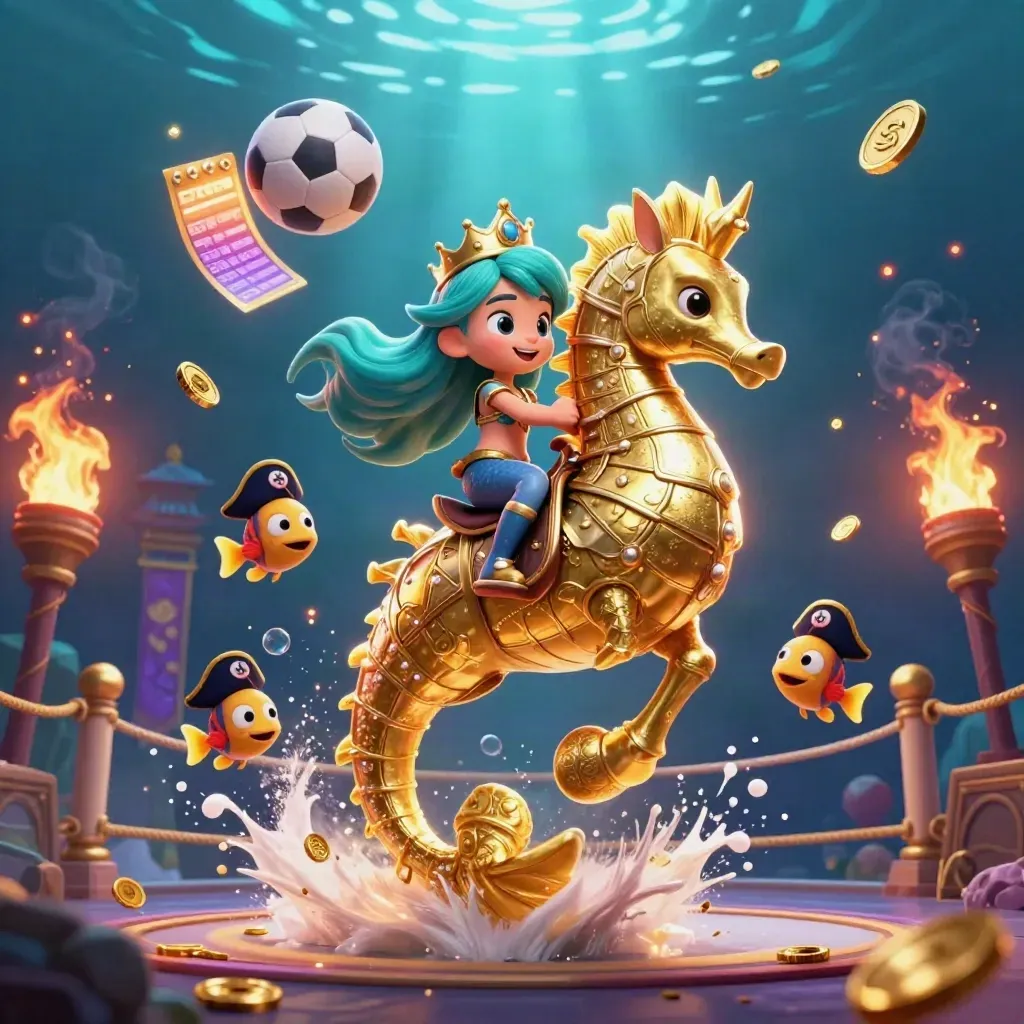 Mermaid princess on armored seahorse amid fish, coins, balls, temple gate, and neon casino glow.