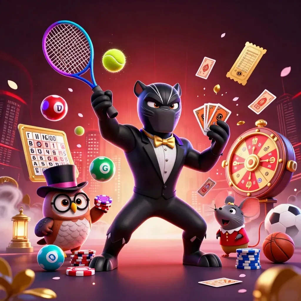 Cartoon panther, owl and mouse amid casino props and a neon tennis-ball burst, dark red skyline.