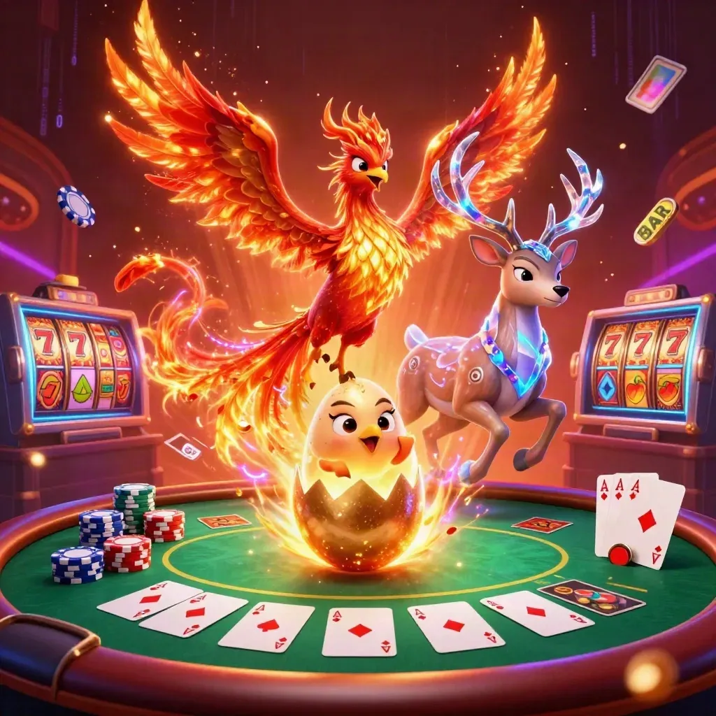 Phoenix, baby phoenix, and crystal-antler stag amid casino props and neon energy